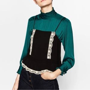 Zara Black and Cream Lace Boho Peasant Drop Waist Sleeveless Blouse Size L